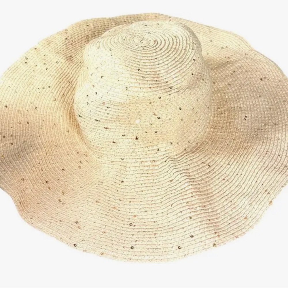 Chic Beige floppy Sun Hat with Speckled Gold sequins